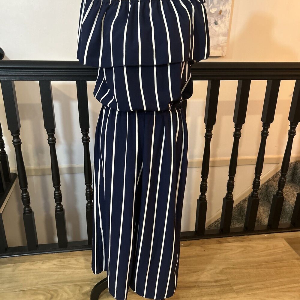 Rebellion Blue-white strip wide leg jumpsuit Med